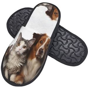 QQLADY Mooie honden en katten Fuzzy Slippers voor Vrouwen Mannen Zachte Pluche Slippers Pluizige Casual Huis Slippers Indoor, Zwart, Large Wide