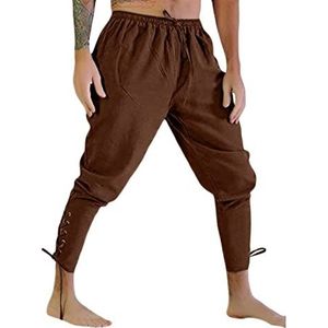 Sawmew Middeleeuwse herenbroek Piraatbroek Cosplaykostuum Veterbroek Viking Renaissance Steampunk Casual broek (Color : Brown, Size : XL)