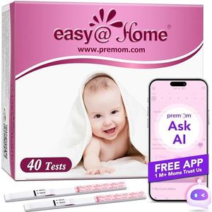 Easy@Home 40 Vroege Zwangerschapstests: HCG-tests van 10 mIU/mL, Nauwkeurige en Betrouwbare Detectie met de Gratis PREMOM App voor Vruchtbaarheidsmonitoring