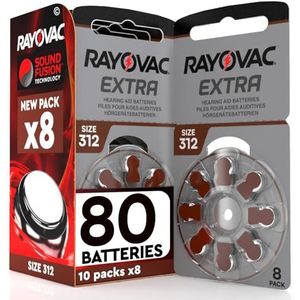 80 batterijen voor Hoortoestellen Rayovac Extra 312 maat PR41 (bruin) - 10 blisters met 8 batterijen
