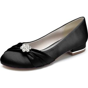 Trouwjurk Schoenen voor Vrouwen Ronde Neus Bruids Flats Satijn Ballet Flats Slip On Avond Prom Party Pumps,zwart,36 EU