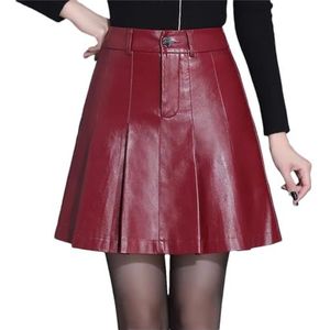 Vrouwen Premium Zachte Pu Leer Geplooide Rokken Stijlvolle Culottes Hoge Taille Slanke Korte Rokken Pantskirt, Rood, 4XL