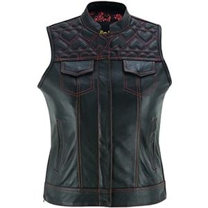 Leatherick Zwart leren vest voor dames - traditionele paisley satijnen voering met roze hartnaden, Rood genaaid, XL
