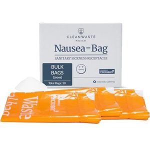 Cleanwaste Medical Misselijkheidsbraakselzak met microban en trekkoord (50 zakken) - Instant Gelling Poeder, medische kwaliteit, lekvrij, voor ziekenhuizen, faciliteiten, thuiszorg, paardrijden -