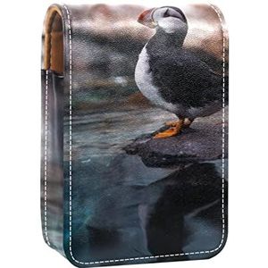 Kleine schattige vogel draagbare lippenstift case voor op reis, Mini lippenstift opbergdoos met spiegel voor vrouwen dames, lederen cosmetische etui, Meerkleurig, 9.5x2x7 cm/3.7x0.8x2.7 in