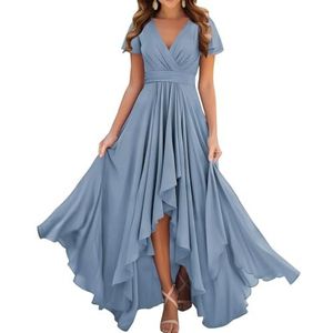 Prinses Bruidsmeisjes Jurken Flutter Mouw Galajurken Chiffon Formele Avondfeest Maxi Jurk met Split ZM209, Dusty Blauw, 32