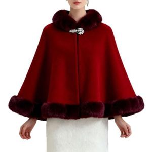 CakfLjkhl Poncho's voor dames met nepbont afwerking, omslagen en sjaals, warme herfst- en winterhuwelijksfeest mantels,Rood,L