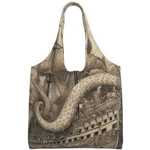 YNCATXZ Zeilen piraat octopus canvas draagtas voor vrouwen esthetische boodschappentassen schoudertas herbruikbare boodschappentassen, Zwart, Eén maat