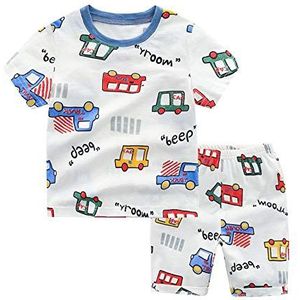 Jongens Kids Car Truck Printed Pyjama Sets, Morbuy Zomer Korte Mouwen Ronde Hals 100% Katoen Baby Kinderen PJs 2 Stuk Nachtkleding T-shirt & Broek voor leeftijd 1-7 jaar