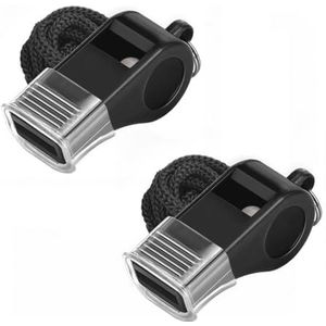 Fluitjes, set van 2 zwarte plastic fluitjes met draagriem, sportfluitjes, luide scherpe geluidsfluitjes, voor scheidsrechters coaches strandwachten voetbal basketbal