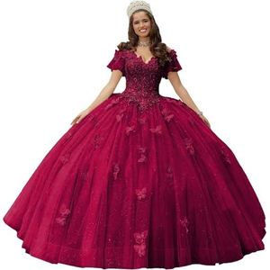 Fuomomo Quinceanera MT052 Jurk met vlinderapplicaties van kant, 3D, glanzend, baljurk, schoudervrij, voor snoep, 15 en 16, verjaardagsjurk van tule, Bessen, 36