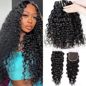 Curly Human Hair Bundles with Closure Water Weave Bundles Human Hair 100% Unprocessed Brazilian Virgin Hair Bundles with 4x4 Closure 14 16 18+12 inch Natural Black