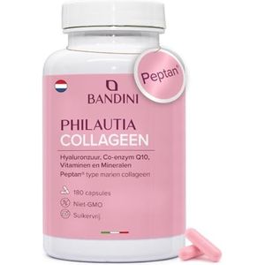 Bandini® Collageen Peptan® en Hyaluronzuur 180 Capsules + Vitamine C, Biotine, Zink, Co-enzym Q10 en Selenium, 1000mg Collageen Marine Hydrolisaat Type 1, Elasticiteit Huid, Gewrichten, Botten