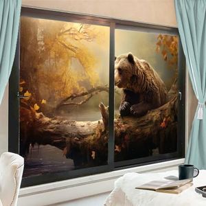 Rustieke beer privacy raamfilm abstract bos natuur vintage dier glas in lood raambekleding geen lijm statische hechting raamfolie voor thuiskantoor winkels 80 x 120 cm x 2 stuks