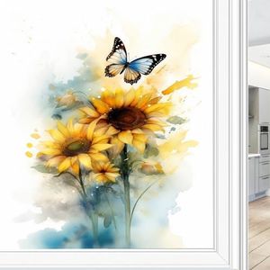 Abstracte zonnebloem glas-in-loodfolie, mooie vlinder, natuurbloem, privacy raamfolie, niet-klevende glasfolie, decoratieve statische hechtingsfolie voor thuiskantoor, 80 x 140 cm