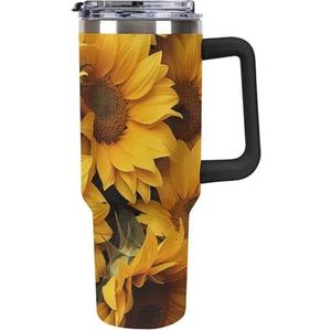 HJUQNGF 40 oz gepersonaliseerde beker met handvat en rietje veel zonnebloemen roestvrij staal geïsoleerde bekers herbruikbare auto thermische beker reizen koffiemok voor vrouwen mannen