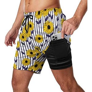 Zonnebloemen Gestreepte Mannen Zwembroek Sneldrogende 2 in 1 Strand Sport Shorts met Compressie Voering En Zak