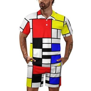 Mondriaan-stijl Poloshirt voor heren, set met korte mouwen, trainingspak, casual, strandshirts, shorts, outfit, M