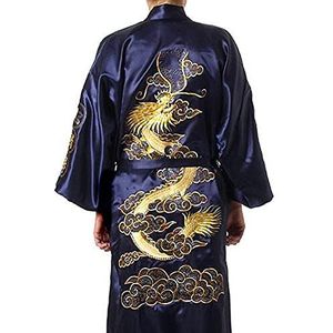Chinese draak van heren geborduurd satijn lange mannen robe, kerstpyjama kimono for mannen, satijnen zijden gewaad (Color : B, Size : XXX-Large)