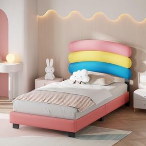 Aunvla Kinderbed, gestoffeerd bed, 90 x 200 cm, met lattenbodem, regenboogvorm, PU-leer, jongens- en meisjesbed, roze (matras niet inbegrepen)