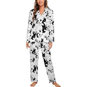 Zwarte Kat Schedel Lange Mouw Pyjama Sets Voor Vrouwen Klassieke Nachtkleding Nachtkleding Zachte Pjs Lounge Sets