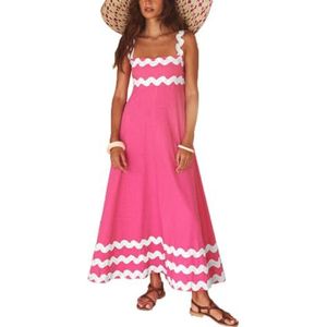 Dames zomer maxi-jurk casual boho mouwloze spaghettibandjes gesmokte lange strandzonjurken(Color:Pink White B,Size:Small)