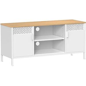 SONGMICS Tv-meubel, tv-houder voor tv tot 55 inch, tv-tafel met deuren, 3 verstelbare planken, voor woonkamer, slaapkamer, kleur eiken en wit LTS103W01