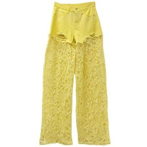 QOUERUUE Dames Patchwork Kant Jeans Strass Steentjes Baggy Straight Leg Mode Trendy Denim Broek,Geel,L