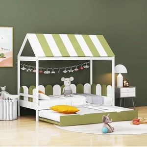 Idemon Kinderbed 90x190cm met uittrekbed, huisbed voor jongens en meisjes met dak en rugleuning, massief houten bed met lattenbodem (groen + wit)