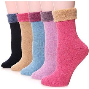 EBMORE Dames Wol Sokken Merino Warme Dikke Wol Cadeau Sokken Wandelsokken Thermosokken Wintersokken voor Dames 5 Paar (Boord-Roz)