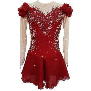 Kunstschaatsjurk for Meisjes, Ballerinajurk for Vrouwen, Lange Mouwen Rok Leotard Wedstrijdkostuum(Red,xxxjes)