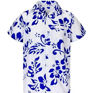 Funky Hawaiiaans Overhemd, Hawaii-Overhemd, Korte Mouw, Hibiscus, Wit Indigoblauw, 3XL