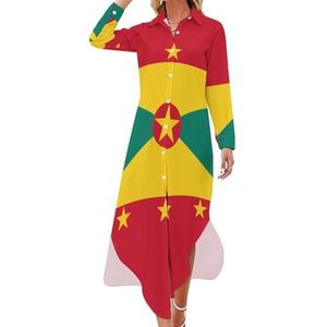 Grenada Vlag voor dames, maxi-jurk, lange mouwen, knoopsluiting, casual feestjurk, lange jurk, 5XL