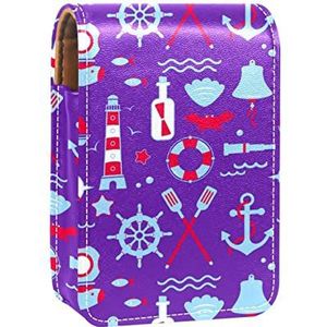 Nautische paarse draagbare lippenstift case voor reizen, Mini lippenstift opbergdoos met spiegel voor vrouwen dames, lederen cosmetische etui, Meerkleurig, 9.5x2x7 cm/3.7x0.8x2.7 in