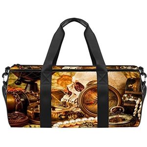 Marineblauw patroon haai reizen duffle tas sport bagage met rugzak draagtas gymtas voor mannen en vrouwen, Vintage Piraat Schedel Kompas Schatten, 45 x 23 x 23 cm / 17.7 x 9 x 9 inch