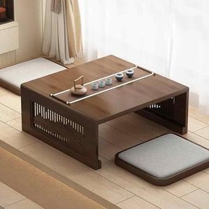 Vloertheetafel, lage speeltafel om op de vloer te zitten, volledig Nan bamboepaneel, hol snijwerk, stabiele structuur, opvouwbaar ontwerp, L60/70/80 cm, B60/70/80 cm, H30 cm