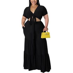 Dames Grote Maten 2-delige Outfits Sexy Diepe V-hals Zelfbindende Crop-tops En Effen Kleur Ruches Wijde Pijpen Lange Broeksets (Color : Black, Size : 3XL)