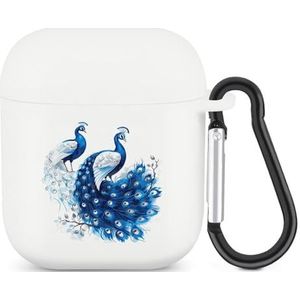 Blauw En Wit Pauwen Leuke Case Voor AirPods 2&1 Schokbestendige Beschermende Hoofdtelefoon Gevallen Cover Met Sleutelhanger Voor Mannen Vrouwen