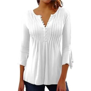 Shirts met bloemblaadjesmouwen, V-hals for dames, T-shirts, casual tops, plooien, knopen, truien, elegante blouses for kantoorvrouwen(White,3XL)