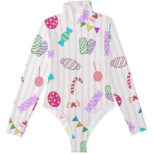 LI ZHI XIN Rompertjes met lange mouwen voor dames, eendelige jumpsuit met hoge hals, coltrui, turnpakje, top voor meisjes, dans, workout, fitness, body, snoep, lolly, cartoonpatroon, Meerkleurig, S