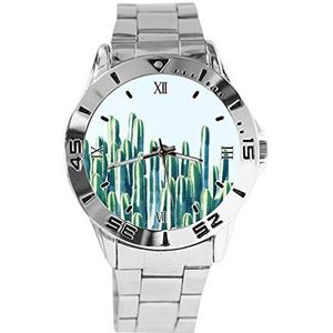 Groene Cactus Mode Dames Horloges Sport Horloge Voor Mannen Casual Rvs Band Analoge Quartz Horloge, Zilver, armband