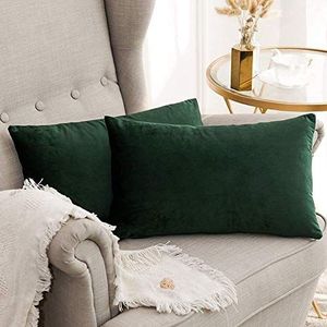 MIULEE Fluweelzachte, decoratieve kussenhoes van microvezel, effen, voor bank of slaapkamer, met onzichtbare rits, rechthoekig, 30 x 50 cm, 2 stuks, donkergroen (Dark Green)