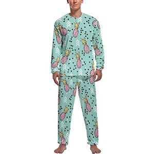 Hawaiiaanse tropische roze ananas zachte heren pyjama set comfortabele lange mouwen loungewear top en broek geschenken S