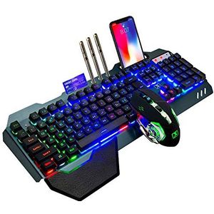 Draadloze 2,4 GHz Oplaadbare Toetsenbord-muiscombinatieset QWERTY-indeling 3800 mAh Unifying USB-ontvanger Gamer-Toetsenbord met Regenboogverlichting 2400 DPI 7 Kleuren Ademende Optische muis Muizen