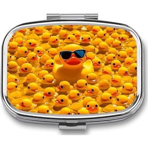 Gele rubberen eend met zonnebril, pillendoos, reispillenorganizer, 2 compartimenten, wekelijkse pillenetui met spiegel, medicijncontainer voor een dag, medicijnorganizer voor portemonnee, zak of