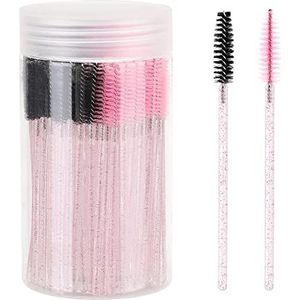100 stuks wimperborstel, mascara-toverstaf, make-up applicators kits voor wimperverlengingen, wenkbrauwborstel met container (roze, zwart)