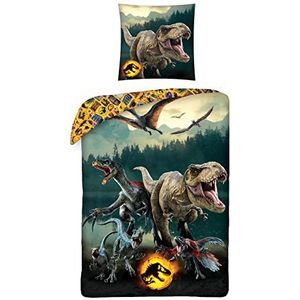 MTOnlinehandel Jurassic World Dinosaurus kinderbeddengoed, 1 x kussensloop 80 x 80 cm + 1 x dekbedovertrek 135 x 200 cm, T-Rex dinosaurus, 100% katoen