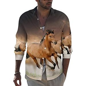 Running Horse at Sunset Heren Revers Shirt Lange Mouw Button Down Print Blouse Zomer Pocket Tees Tops L