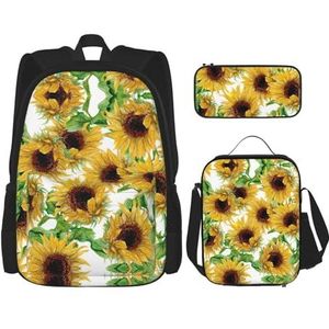 SUHNGE Kleurrijke bus palmboom 1 print 3-in-1 schooltas set schoolrugzak handtas, geïsoleerde lunchtas, etui, Gele Zonnebloemen, Eén maat