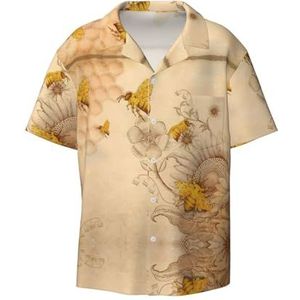 Landelijke Honing Bijen Bloemen Print Heren Jurk Shirts Casual Button Down Korte Mouw Zomer Strand Shirt Vakantie Shirts, Zwart, M